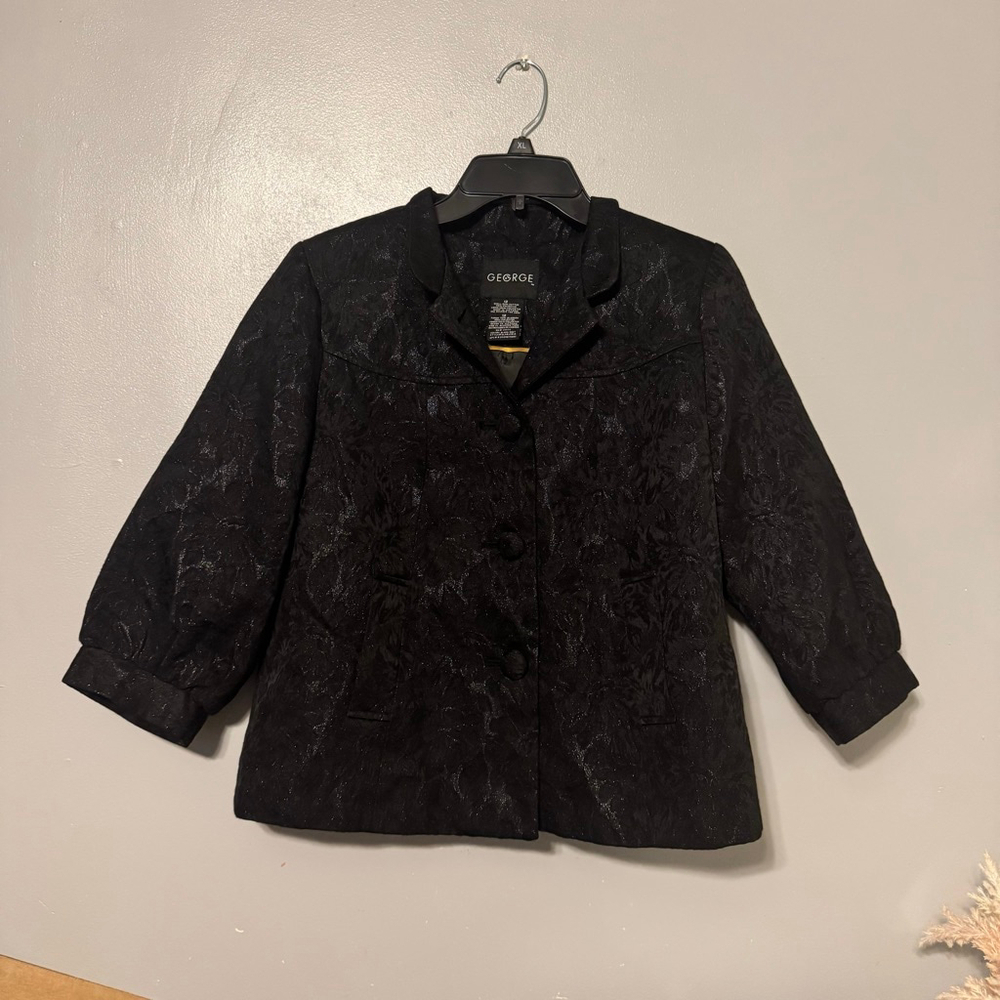 Size 12 Shimmery Floral Black Textured Blazer 3/4 sleeve Mandarin collar George